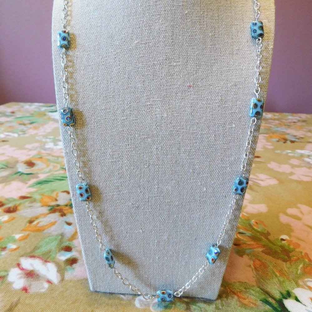 Handmade Silver Tone Necklace With Blue Glass Beads  - 27"